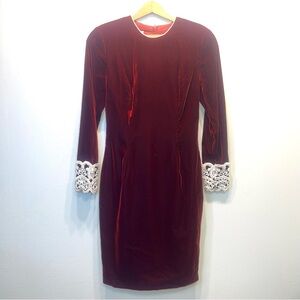 Vintage Jessica McClintock Velvet Dress Sz 6 Burgundy Faux Pearls Lace Cuff